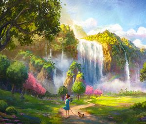 Preview wallpaper girl, dog, waterfall, landscape, art