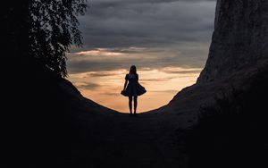 Preview wallpaper girl, dress, reflection, lake, mountain, tree, clouds