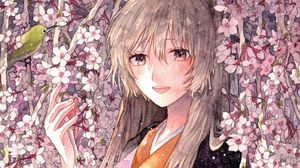 Preview wallpaper girl, flowers, kimono, anime, art