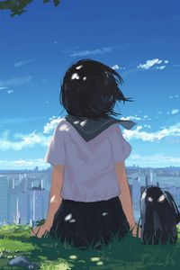 Preview wallpaper girl, grass, city, anime, art, cartoon