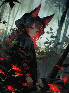 Preview wallpaper girl, hood, ears, forest, flowers, dark, anime