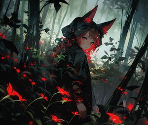 Preview wallpaper girl, hood, ears, forest, flowers, dark, anime