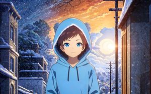 Preview wallpaper girl, hoodie, snow, winter, street, anime, art