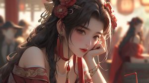 Preview wallpaper girl, jewelry, dress, anime, red