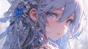 Preview wallpaper girl, jewelry, hairpin, blue, anime