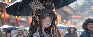 Preview wallpaper girl, jewelry, umbrella, kimono, anime, snow