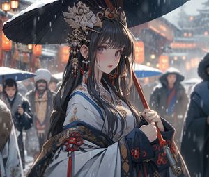 Preview wallpaper girl, jewelry, umbrella, kimono, anime, snow