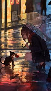 Preview wallpaper girl, kitten, flower, anime, street, rain