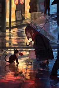 Preview wallpaper girl, kitten, flower, anime, street, rain