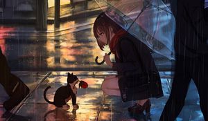 Preview wallpaper girl, kitten, flower, anime, street, rain