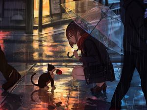 Preview wallpaper girl, kitten, flower, anime, street, rain