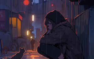 Preview wallpaper girl, rain, cat, street, anime