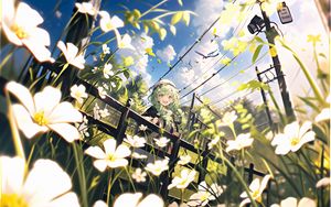 Preview wallpaper girl, smile, flowers, field, hedge, summer, anime