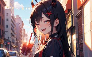 Preview wallpaper girl, smile, horns, drink, street, art, anime