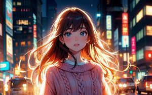 Preview wallpaper girl, sweater, light, street, evening, anime, art