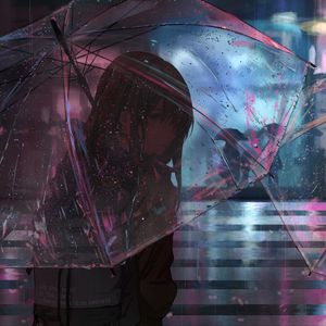 Preview wallpaper girl, umbrella, anime, rain, street, night