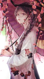 Preview wallpaper girl, umbrella, sakura, kimono, glasses, anime