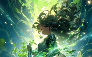 Preview wallpaper girl, warrior, sword, hair, green, anime