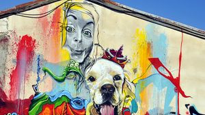 Preview wallpaper graffiti, girl, dog, art, street art, bright, colorful