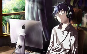 Preview wallpaper guy, anime, computer, tears, sadness, room