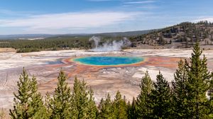 Preview wallpaper hot springs, crater, water, steam, trees, landscape