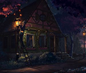 Preview wallpaper house, fairy tale, art, light, night