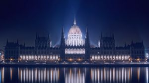 Preview wallpaper hungary, budapest, night, building, parliament, lights, promenade, river, danube, reflection