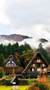 Preview wallpaper japan, shirakawa, houses, mountains, trees