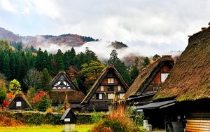 Preview wallpaper japan, shirakawa, houses, mountains, trees