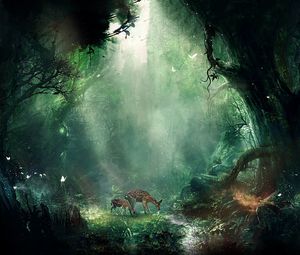 Preview wallpaper jungle, fantasy, deer, butterflies, night, trees