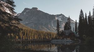 Preview wallpaper lake, mountains, house, forest, shore