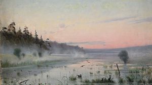 Preview wallpaper lake, wefts, fog, morning, painting, art, canes