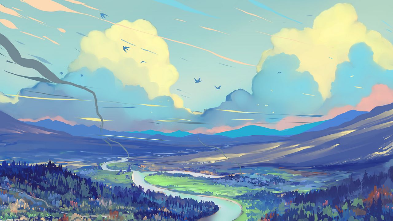 Wallpaper landscape, art, road, mountains, sky