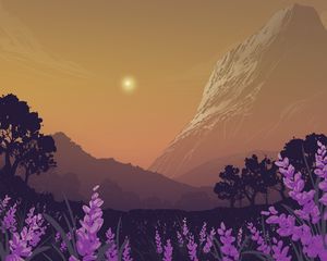 Preview wallpaper landscape, mountains, art, lavender, flowers, trees, sun