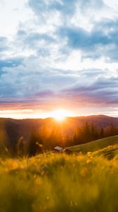 Preview wallpaper landscape, mountains, sun, meadow, trees, sunrise, sunlight