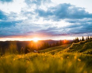 Preview wallpaper landscape, mountains, sun, meadow, trees, sunrise, sunlight