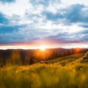 Preview wallpaper landscape, mountains, sun, meadow, trees, sunrise, sunlight