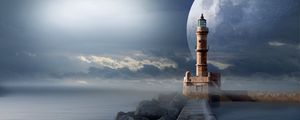 Preview wallpaper lighthouse, moon, pier, sea