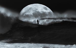 Preview wallpaper man, surfing, ocean, waves, moon, black and white