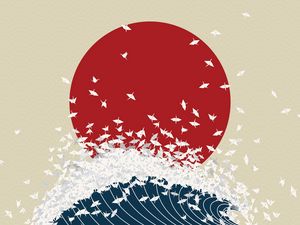 Preview wallpaper minimalism, origami, japan, rising sun, wave