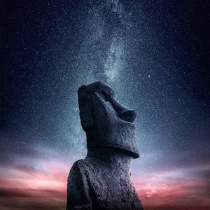 Preview wallpaper moai, statue, idol, easter island, starry sky