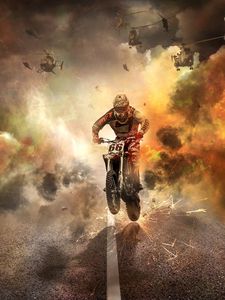 Preview wallpaper motorcyclist, motorcycle, helicopters, sparks, fire, road