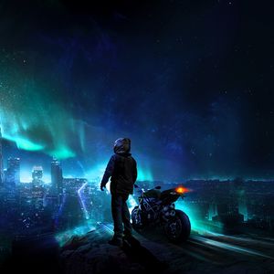 Preview wallpaper motorcyclist, night, starry sky, art