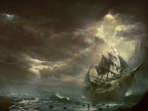 Preview wallpaper mountains, clouds, sea, ship, sailboat, destroyed