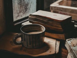 Preview wallpaper mug, books, mood, window, autumn