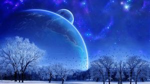 Preview wallpaper nature, landscape, winter, sky, snow, full moon, trees, birds, evening