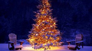 Preview wallpaper new year, christmas, christmas tree, decoration, chairs, snow, garland