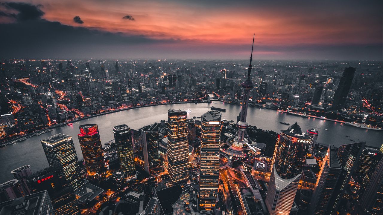 Wallpaper night city, aerial view, lights city, overview, shanghai, china