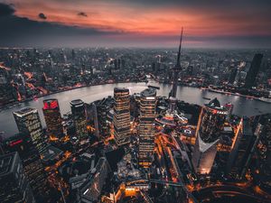 Preview wallpaper night city, aerial view, lights city, overview, shanghai, china