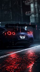 Preview wallpaper nissan gt-r, nissan, sportscar, supercar, night, asphalt, wet, rain, backlight